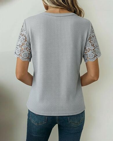 Womens Guipure Lace Spliced Half Button Front Shirt Notch Neck Waffle Textured Casual Daily Wear Top in Kuwait
