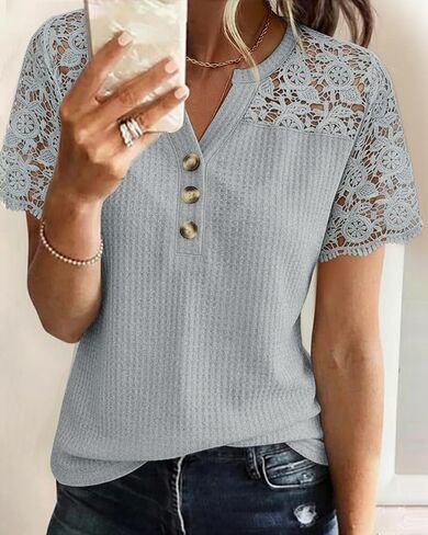 Womens Guipure Lace Spliced Half Button Front Shirt Notch Neck Waffle Textured Casual Daily Wear Top in Kuwait