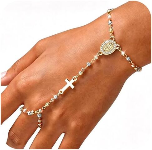 Gold Rosary Hand Chain Bracelet - 14k Gold Plated Virgin Mary Ring Bracelets,Non Tarnish Dainty Golden Rosarios Catolicos Hand Chains Jewelry,Trendy Religious Rosary Beads Hand Bracelet Gift for Women in Kuwait