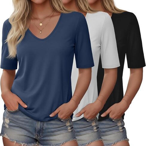 3 Pack Women's V Neck Elbow Length T-Shirts 1/2 Sleeve Loose Fit Tops Half Sleeve Trendy Casual Basic Summer Tees in Saudi Arabia