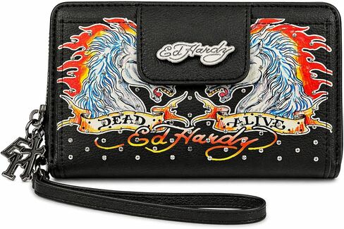 محفظة ED HARDY Dead Alive بسحاب حول المحفظة مع فتحات للبطاقات وجيب للعملات المعدنية، 7 × 4.5 بوصة (شعلة منتصف الليل ستاليون) in Kuwait