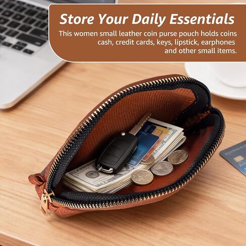 Leather Coin Purse for Women, Small Zipper Coin Pouch Wallet Cute Mini Change Purse for Coins, Cards, Keys, Brown in Saudi Arabia