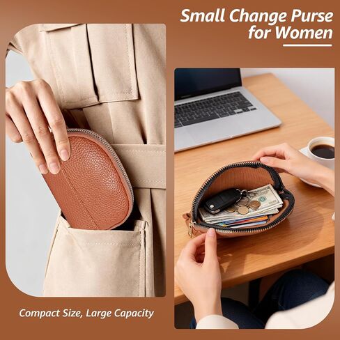 Leather Coin Purse for Women, Small Zipper Coin Pouch Wallet Cute Mini Change Purse for Coins, Cards, Keys, Brown in Saudi Arabia