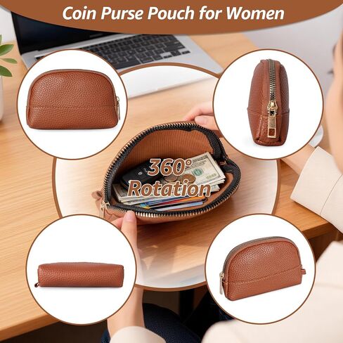 Leather Coin Purse for Women, Small Zipper Coin Pouch Wallet Cute Mini Change Purse for Coins, Cards, Keys, Brown in Saudi Arabia