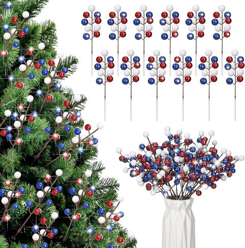 24 Pcs 9.3 Inch 4th of July Glitter Patriotic Ball Picks Red White Blue Berry Stem Picks 4th of July Tree Decorations for 250th Anniversary Patriotic Independence Day DIY Tree Wreath Table Centerpiece in Saudi Arabia
