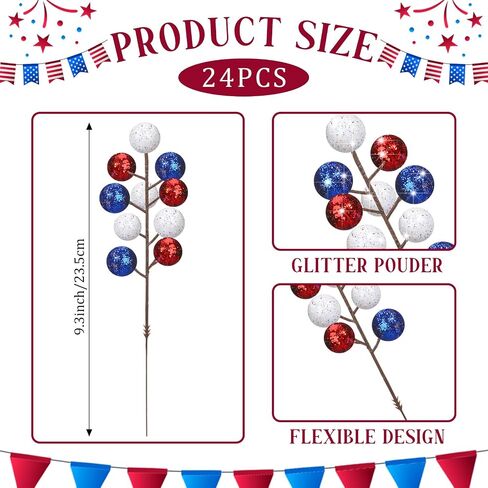 24 Pcs 9.3 Inch 4th of July Glitter Patriotic Ball Picks Red White Blue Berry Stem Picks 4th of July Tree Decorations for 250th Anniversary Patriotic Independence Day DIY Tree Wreath Table Centerpiece in Saudi Arabia