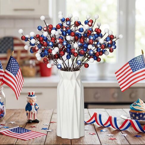 24 Pcs 9.3 Inch 4th of July Glitter Patriotic Ball Picks Red White Blue Berry Stem Picks 4th of July Tree Decorations for 250th Anniversary Patriotic Independence Day DIY Tree Wreath Table Centerpiece in Saudi Arabia