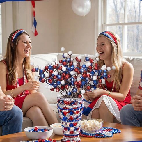 24 Pcs 9.3 Inch 4th of July Glitter Patriotic Ball Picks Red White Blue Berry Stem Picks 4th of July Tree Decorations for 250th Anniversary Patriotic Independence Day DIY Tree Wreath Table Centerpiece in Saudi Arabia