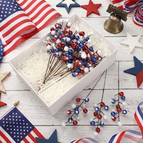 24 Pcs 9.3 Inch 4th of July Glitter Patriotic Ball Picks Red White Blue Berry Stem Picks 4th of July Tree Decorations for 250th Anniversary Patriotic Independence Day DIY Tree Wreath Table Centerpiece in Saudi Arabia