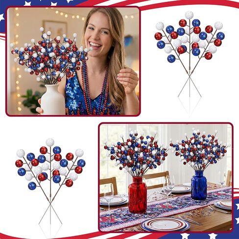 24 Pcs 9.3 Inch 4th of July Glitter Patriotic Ball Picks Red White Blue Berry Stem Picks 4th of July Tree Decorations for 250th Anniversary Patriotic Independence Day DIY Tree Wreath Table Centerpiece in Saudi Arabia