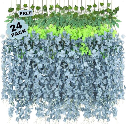 LELEE 25 Pcs Artificial Wisteria Hanging Flowers 3.6ft Dusty Blue Fake Hanging Flowers Garland Silk Flowers Rattan String Faux Wisteria Vine for Wall Home Wedding Party Arch Greenery Backdrop Decor in Saudi Arabia