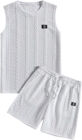 GORGLITTER Men's 2 Piece Outfits Cable Knit Tank Tops and Drawstring Track Gym Shorts Sets Summer Tracksuit White Small in Kuwait