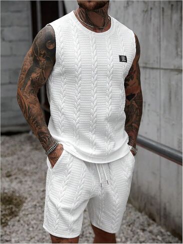 GORGLITTER Men's 2 Piece Outfits Cable Knit Tank Tops and Drawstring Track Gym Shorts Sets Summer Tracksuit White Small in Kuwait