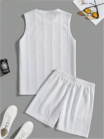 GORGLITTER Men's 2 Piece Outfits Cable Knit Tank Tops and Drawstring Track Gym Shorts Sets Summer Tracksuit White Small in Kuwait