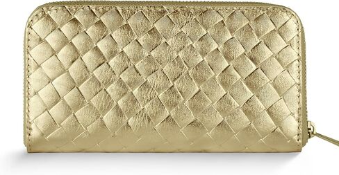 Italian Genuine Metallic Suede Wallet for Women with Full Zip Closure & Woven Texture | Elegant Clutch Card Case (Gold) in Saudi Arabia
