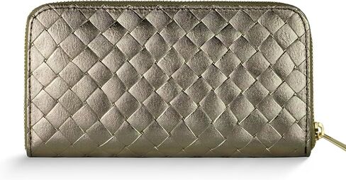 Italian Genuine Metallic Suede Wallet for Women with Full Zip Closure & Woven Texture | Elegant Clutch Card Case (Gold) in Saudi Arabia