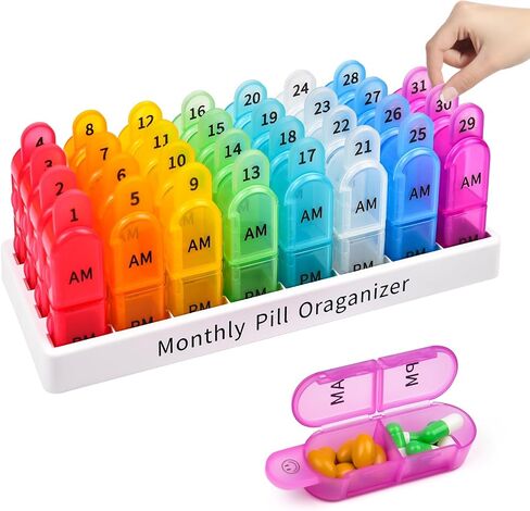 GREENCYCLE Monthly Pill Organizer 2 Times a Day, 30 Days Pill Box AM PM, 4 Week Pill Cases, One Month Pill Medicine Container Small Separate Compartments to Hold Vitamins, Fish Oil, Supplements in Kuwait