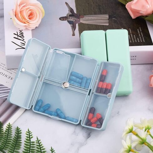 2 Pcs Travel Pill Organizer, Pocket Pharmacy with 7 Compartments Design, Magnetic Travel Box Pill Dispenser, Portable Medicine Vitamin Holder Container(Blue+Green) in Saudi Arabia