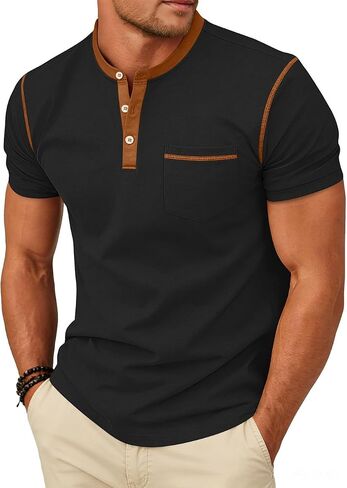 Men's Henley Shirt Casual Button Short Sleeve T-Shirt Summer Patchwork Color Block Tee Shirts in Saudi Arabia