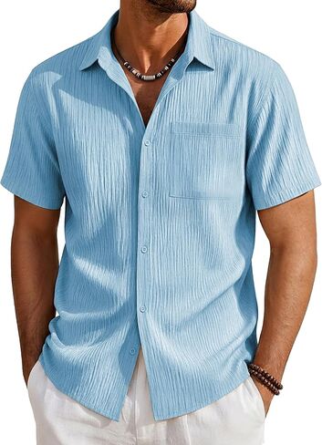 EKLENTSON Mens Button Down Shirt Short Sleeve Casual Textured Shirts Breathable Summer Beach Shirt with Pocket in Saudi Arabia