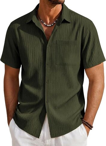 EKLENTSON Mens Button Down Shirt Short Sleeve Casual Textured Shirts Breathable Summer Beach Shirt with Pocket in Saudi Arabia