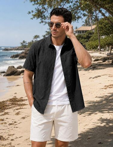 EKLENTSON Mens Button Down Shirt Short Sleeve Casual Textured Shirts Breathable Summer Beach Shirt with Pocket in Saudi Arabia
