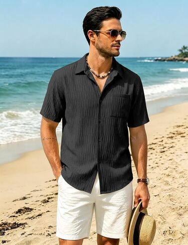 EKLENTSON Mens Button Down Shirt Short Sleeve Casual Textured Shirts Breathable Summer Beach Shirt with Pocket in Saudi Arabia