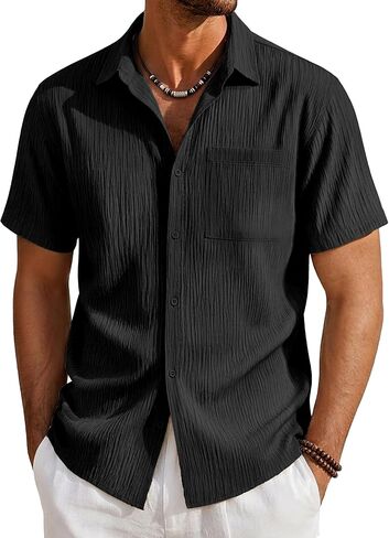 EKLENTSON Mens Button Down Shirt Short Sleeve Casual Textured Shirts Breathable Summer Beach Shirt with Pocket in Saudi Arabia