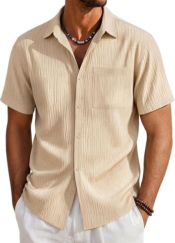 EKLENTSON Mens Button Down Shirt Short Sleeve Casual Textured Shirts Breathable Summer Beach Shirt with Pocket in Saudi Arabia