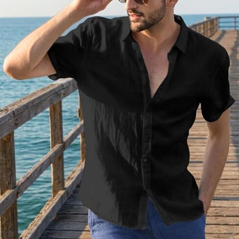 Mens Cotton Linen Shirts Button Down Shirt Short Sleeve Beach Casual Lightweight Shirts in Kuwait