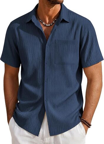 EKLENTSON Mens Button Down Shirt Short Sleeve Casual Textured Shirts Breathable Summer Beach Shirt with Pocket in Saudi Arabia