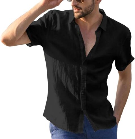 Mens Cotton Linen Shirts Button Down Shirt Short Sleeve Beach Casual Lightweight Shirts in Kuwait