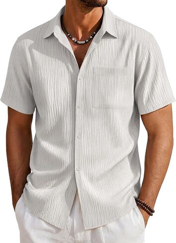 EKLENTSON Mens Button Down Shirt Short Sleeve Casual Textured Shirts Breathable Summer Beach Shirt with Pocket in Saudi Arabia