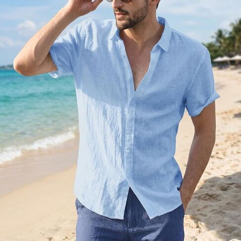 Mens Cotton Linen Shirts Button Down Shirt Short Sleeve Beach Casual Lightweight Shirts in Kuwait