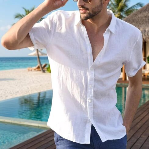 Mens Cotton Linen Shirts Button Down Shirt Short Sleeve Beach Casual Lightweight Shirts in Kuwait