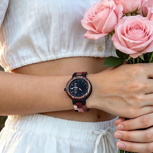 EBONY Wooden Couple Watches for Him Her Handmade Multi-Color Wood Band Date Week Display Wristwatch Unique Anniversary for Boyfriend and Girlfriend in Saudi Arabia