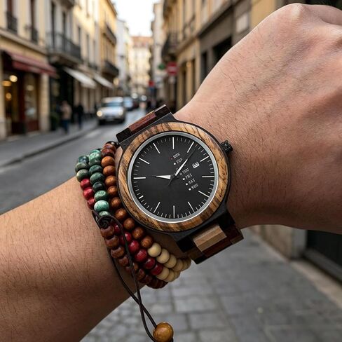 EBONY Wooden Couple Watches for Him Her Handmade Multi-Color Wood Band Date Week Display Wristwatch Unique Anniversary for Boyfriend and Girlfriend in Saudi Arabia