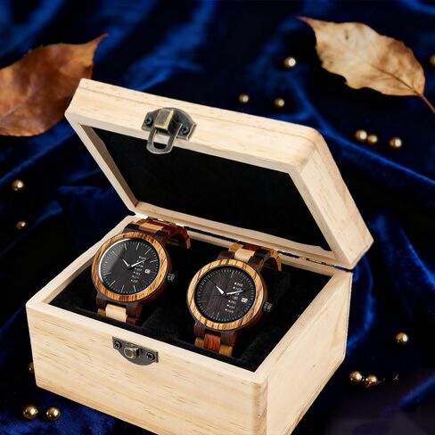 EBONY Wooden Couple Watches for Him Her Handmade Multi-Color Wood Band Date Week Display Wristwatch Unique Anniversary for Boyfriend and Girlfriend in Saudi Arabia