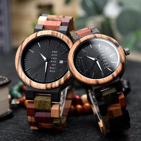 EBONY Wooden Couple Watches for Him Her Handmade Multi-Color Wood Band Date Week Display Wristwatch Unique Anniversary for Boyfriend and Girlfriend in Saudi Arabia
