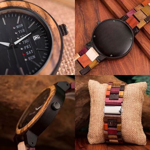 EBONY Wooden Couple Watches for Him Her Handmade Multi-Color Wood Band Date Week Display Wristwatch Unique Anniversary for Boyfriend and Girlfriend in Saudi Arabia