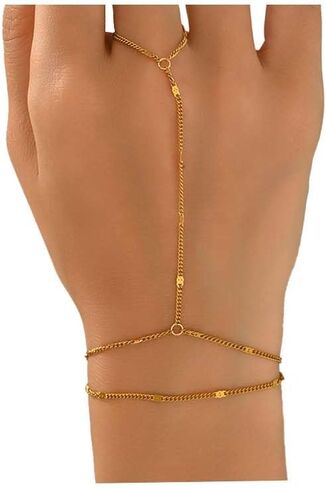 Dainty Gold Hand Chain Bracelet for Women 18K Gold Plated Stainless Steel Tiny Bracelets with Finger Ring Waterproof Hypoallergenic Adjustable Hand Harness Chain Jewelry for Women in Saudi Arabia