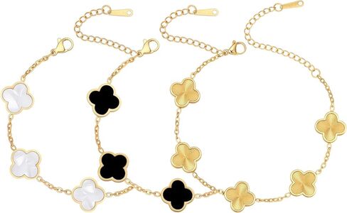 (Sturdy Version) 18K Gold Plated Bracelets for Women Men (Double Sided) Four Leaf Clover Cute Trendy Lucky Braclet (Adjustable) Fit Wrist Within 8 Inch, Gold White Black Green Blue Red Pink in Saudi Arabia