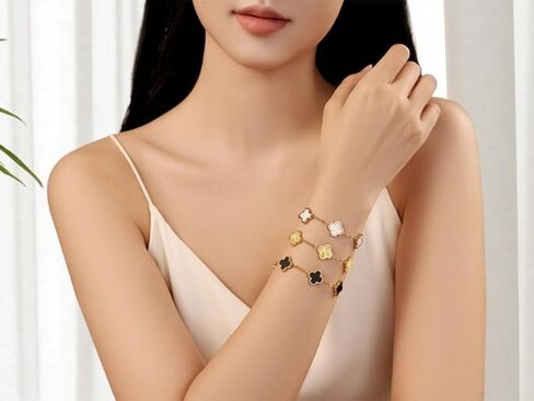 (Sturdy Version) 18K Gold Plated Bracelets for Women Men (Double Sided) Four Leaf Clover Cute Trendy Lucky Braclet (Adjustable) Fit Wrist Within 8 Inch, Gold White Black Green Blue Red Pink in Saudi Arabia