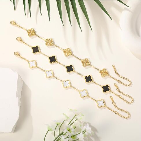 (Sturdy Version) 18K Gold Plated Bracelets for Women Men (Double Sided) Four Leaf Clover Cute Trendy Lucky Braclet (Adjustable) Fit Wrist Within 8 Inch, Gold White Black Green Blue Red Pink in Saudi Arabia