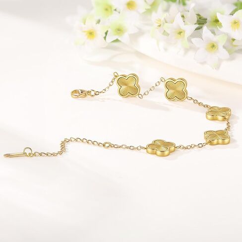 (Sturdy Version) 18K Gold Plated Bracelets for Women Men (Double Sided) Four Leaf Clover Cute Trendy Lucky Braclet (Adjustable) Fit Wrist Within 8 Inch, Gold White Black Green Blue Red Pink in Saudi Arabia