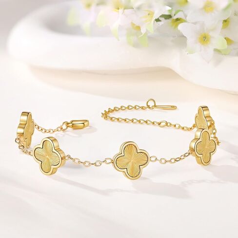 (Sturdy Version) 18K Gold Plated Bracelets for Women Men (Double Sided) Four Leaf Clover Cute Trendy Lucky Braclet (Adjustable) Fit Wrist Within 8 Inch, Gold White Black Green Blue Red Pink in Saudi Arabia