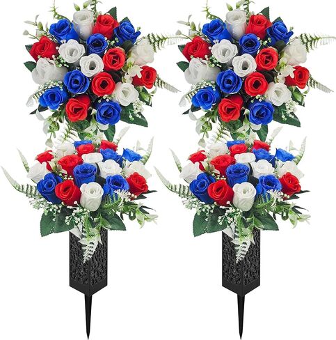 2 Pack Cemetery Flowers for Grave with Spiked Vases, 18-Stem Red Artificial Rose Bouquets with Flag, Non-Bleeding & Wind-Resistant All-Weather Memorial Decorations for Headstones in Saudi Arabia