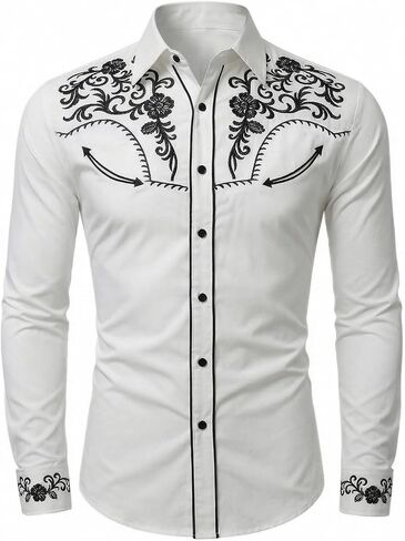 Men's Cowboy Shirt Embroidered Western Shirts Long Sleeve Slim Fit Button Down Shirt Casual Work Country Rodeo Outfit in Saudi Arabia
