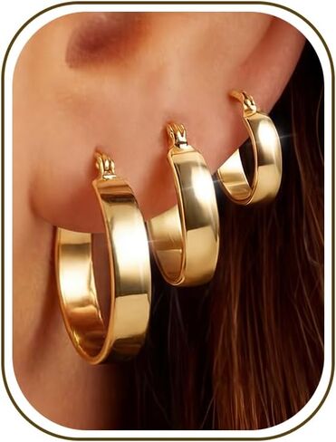 5mm Chunky Hoop Earrings Set, 3 Pairs Durable Bold Small Gold Hoop Earrings, Hypoallergenic 925 Silver Post Huggie Hoops, Lightweight Stacked-Style Thick Hoops Earring for Women in Saudi Arabia