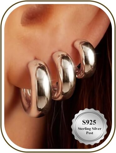 5mm Chunky Hoop Earrings Set, 3 Pairs Durable Bold Small Gold Hoop Earrings, Hypoallergenic 925 Silver Post Huggie Hoops, Lightweight Stacked-Style Thick Hoops Earring for Women in Saudi Arabia